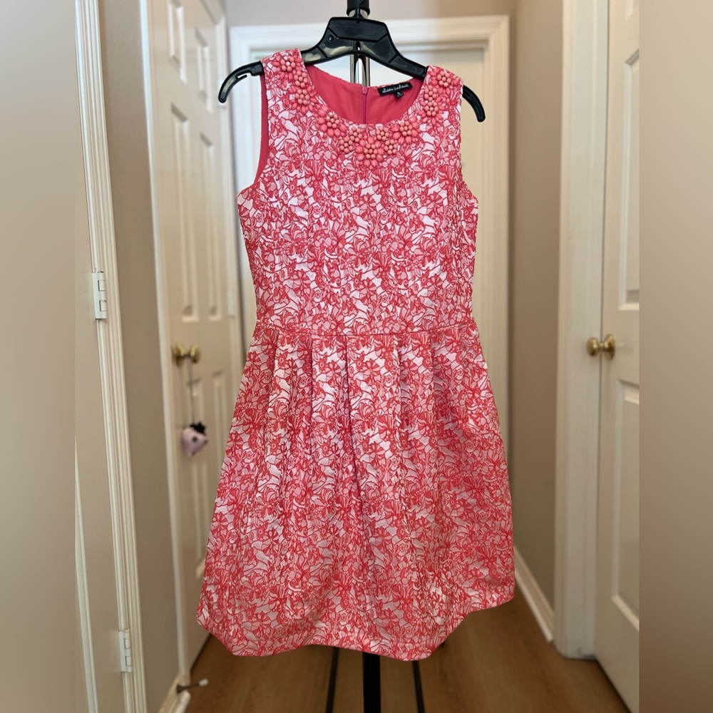 Sleeveless Coral Pink Floral Fit/Flare Dress  (Prom, Graduation, Wedding Guest)